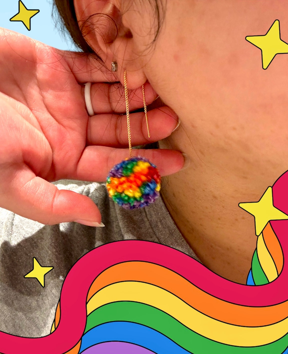 Rainbow Pompom Threader Earrings