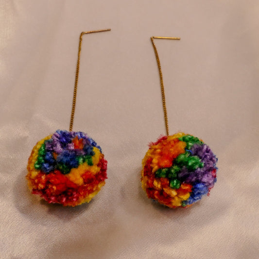 Rainbow Pompom Threader Earrings