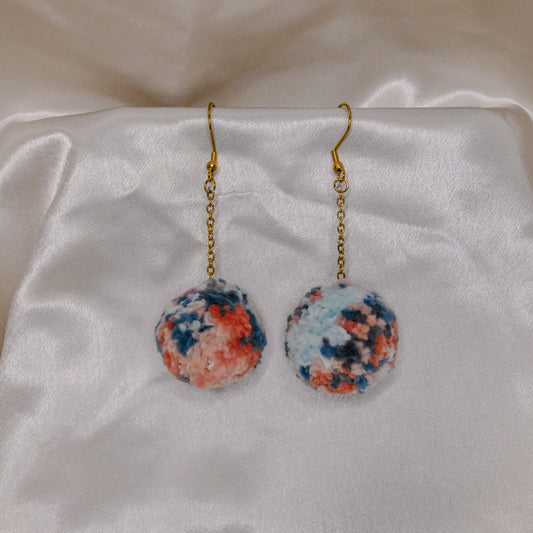 Coral Blue Yarn Pompom Earrings