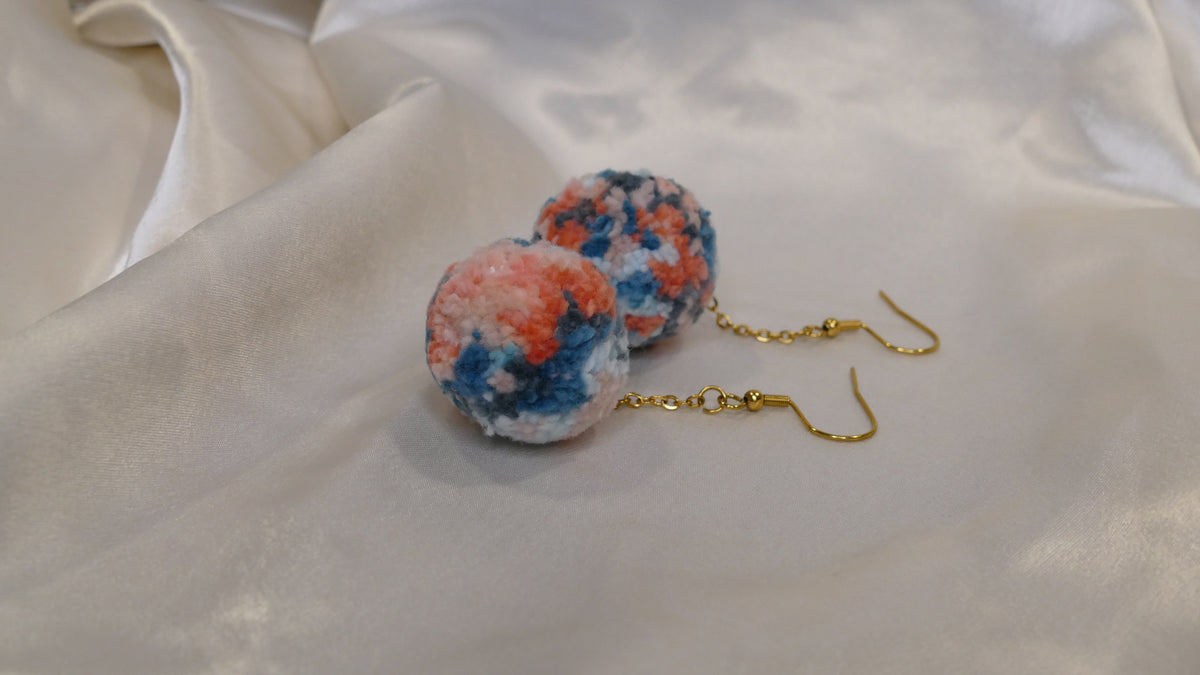 Coral Blue Yarn Pompom Earrings