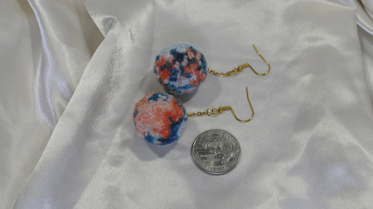 Coral Blue Yarn Pompom Earrings