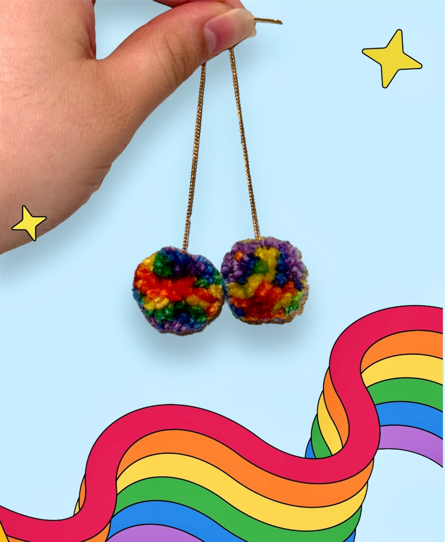 Rainbow Pompom Threader Earrings